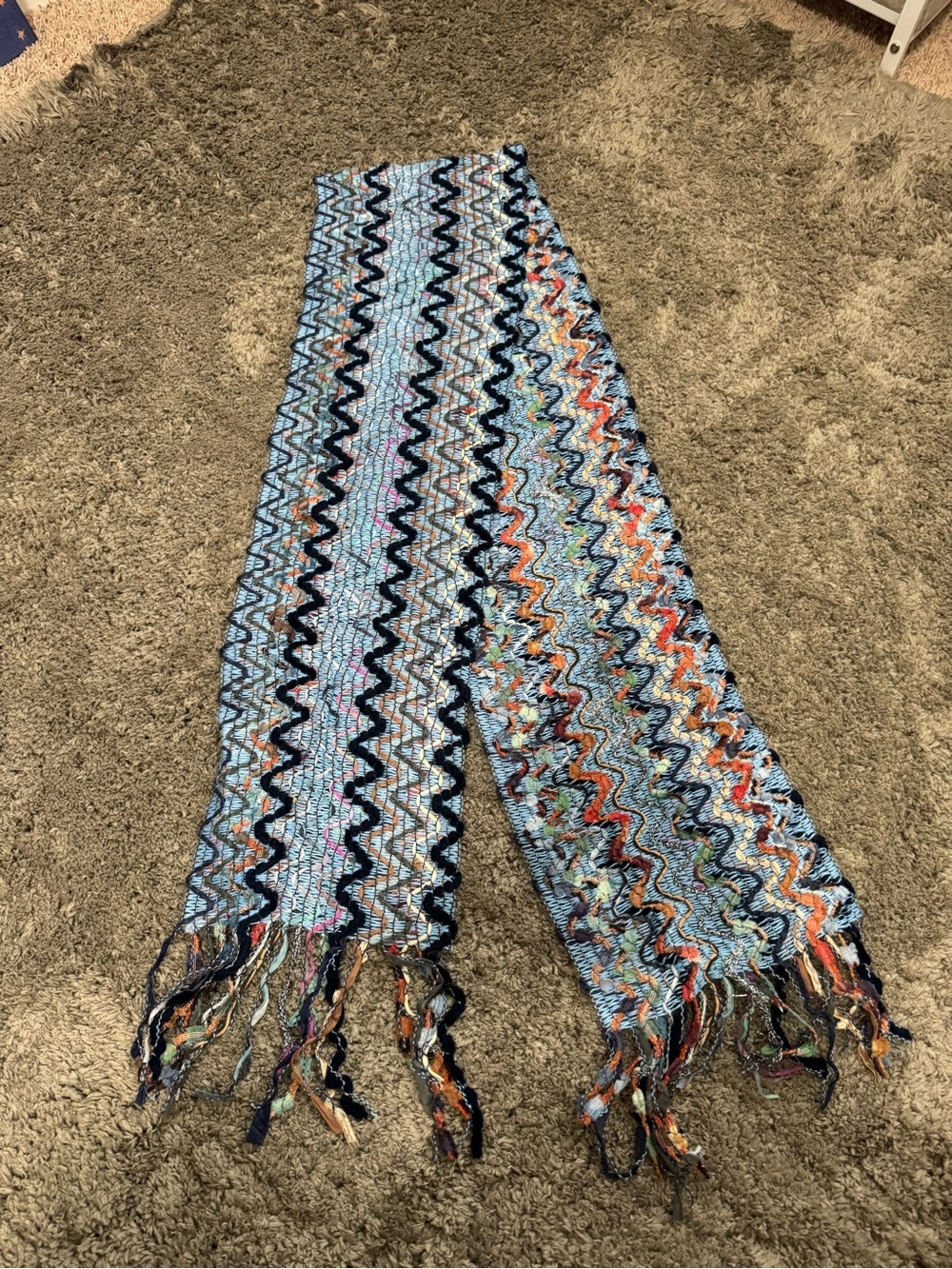 Boho Multicolored Chevron Weave Scarf Ribbon Chenille Knit Fringe Blue Orange